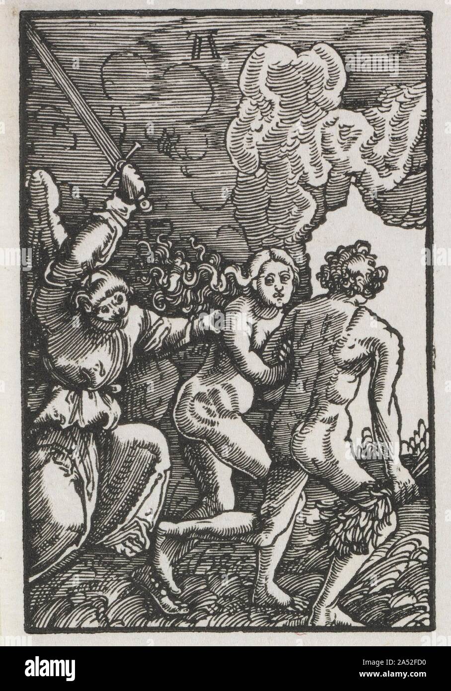 The Fall and Redemption of Man: The Expulsion from Eden, c. 1515. These eight woodcuts come from a series of forty which illustrate the story of Christian redemption from original sin to the Last Judgement. Probably to maximize printing efficiency and quality, eight woodblocks were printed on each of five sheets of paper, but the subjects are not in the correct chronological order. Prior to sale, the sheets were cut into eight pieces. The sheets in the museum's set were only cut in half, preserving four prints per page. The numbers after the titles of the individual images indicate each scene' Stock Photo