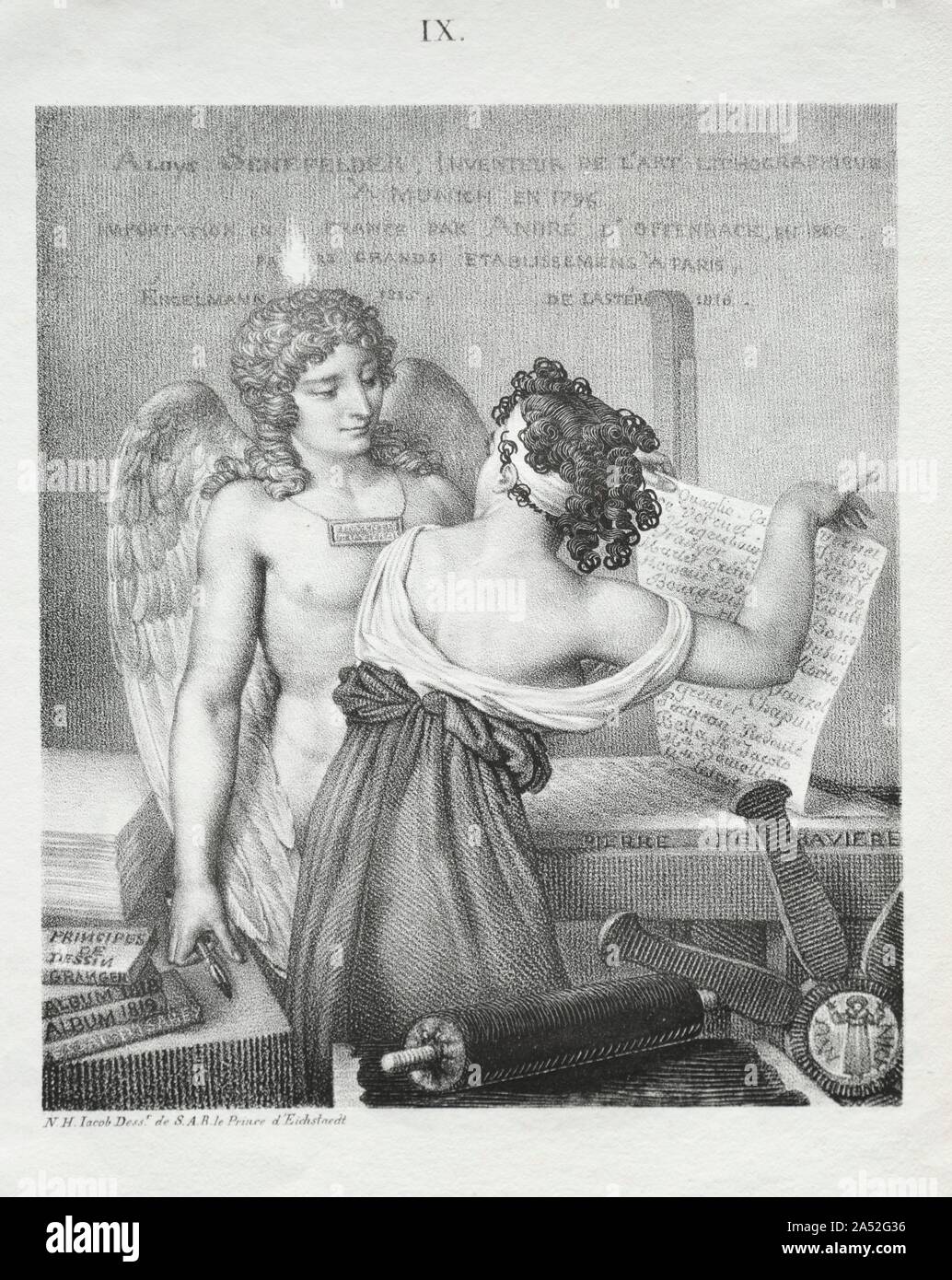 The Genius of Lithography, 1819. The Genius of Lithography celebrates the new printmaking technique (invented in 1798) that revolutionized illustration and enabled the reproduction of images at a reasonable cost, since numerous impressions can be printed from the lithographic stone. Artists liked the medium's flexibility: while rich blacks could be achieved for shadows, and every tone of gray was possible, a sharp point could scratch white highlights into dark areas. Stock Photo