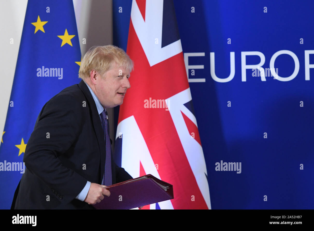 UK Prime Minister Boris Johnson speaking at the European Council summit at EU headquarters in Brussels. Stock Photo