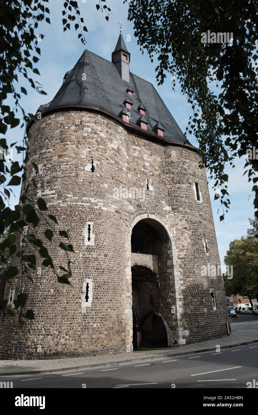 Front view of the massive Marschiertor, historical gate in Aachen Stock Photo
