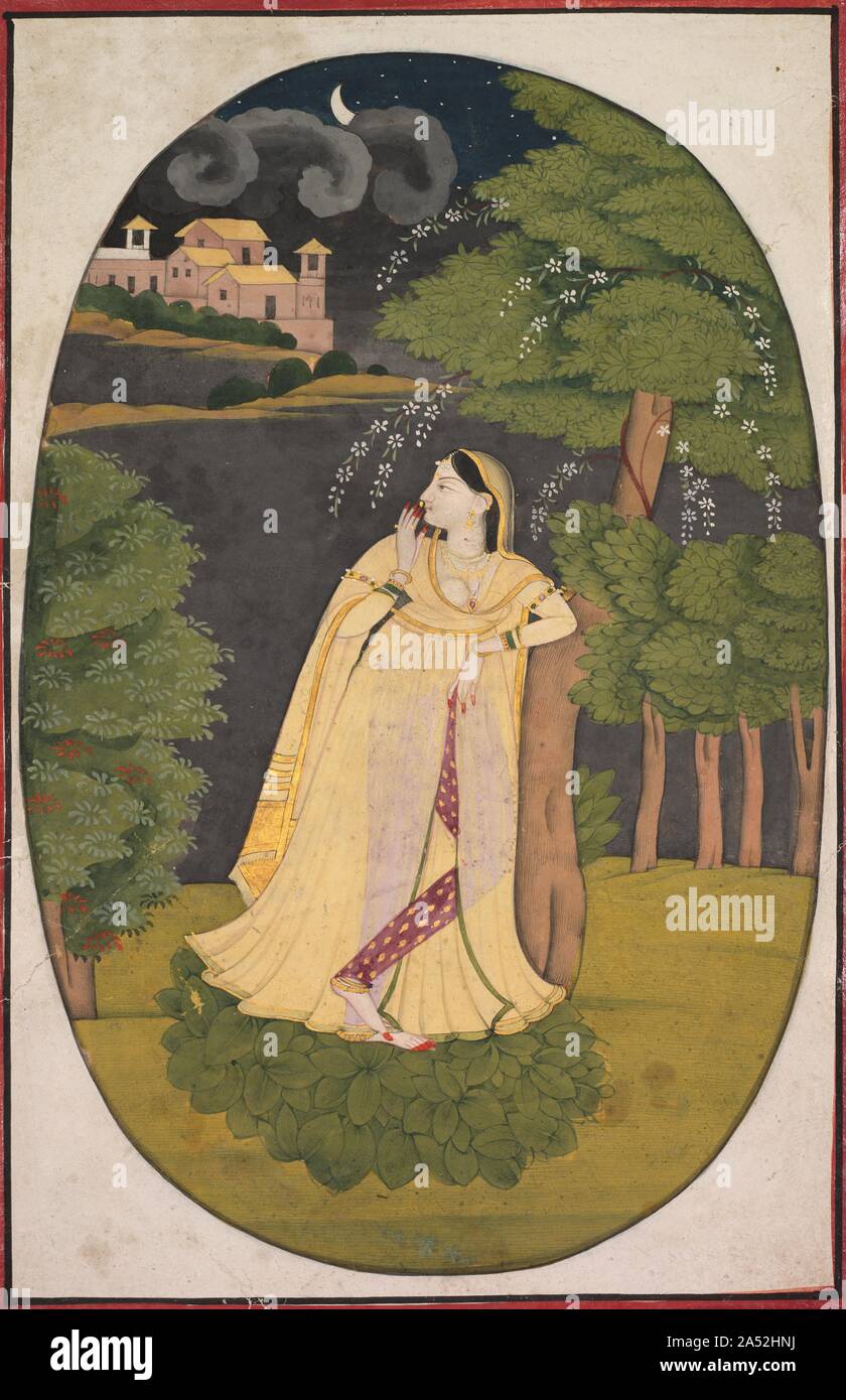 The Heroine Who Waits Anxiously for Her Absent Lover (Utka Nayika), c. 1800. Inspired by devotional poetry that likens the waiting for divine favor to that of a woman alone in the forest waiting for her lover, Pahari painters mastered portrayals of this subject. Darkness has fallen, but the moon and stars and jasmine flowers brighten the night. However, monsoon clouds approach in the distance, suggesting impending danger and misery. Her gesture and expression suggest a mixture of hope and heightened uncertainty about how much longer she should continue to wait. Stock Photo