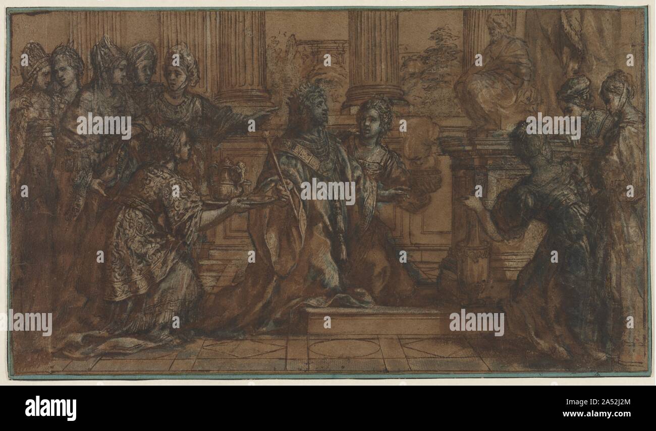 The Idolatry of Solomon, 1622-1623. The Idolatry of Solomon represents Solomon's worship of idols caused by his love of many foreign women who turned &quot;away his heart to follow their gods&quot; (I Kings 11: 1-8). This drawing is a final compositional study for the ceiling fresco in the Palazzo Mattei di Giove in Rome. Stock Photo
