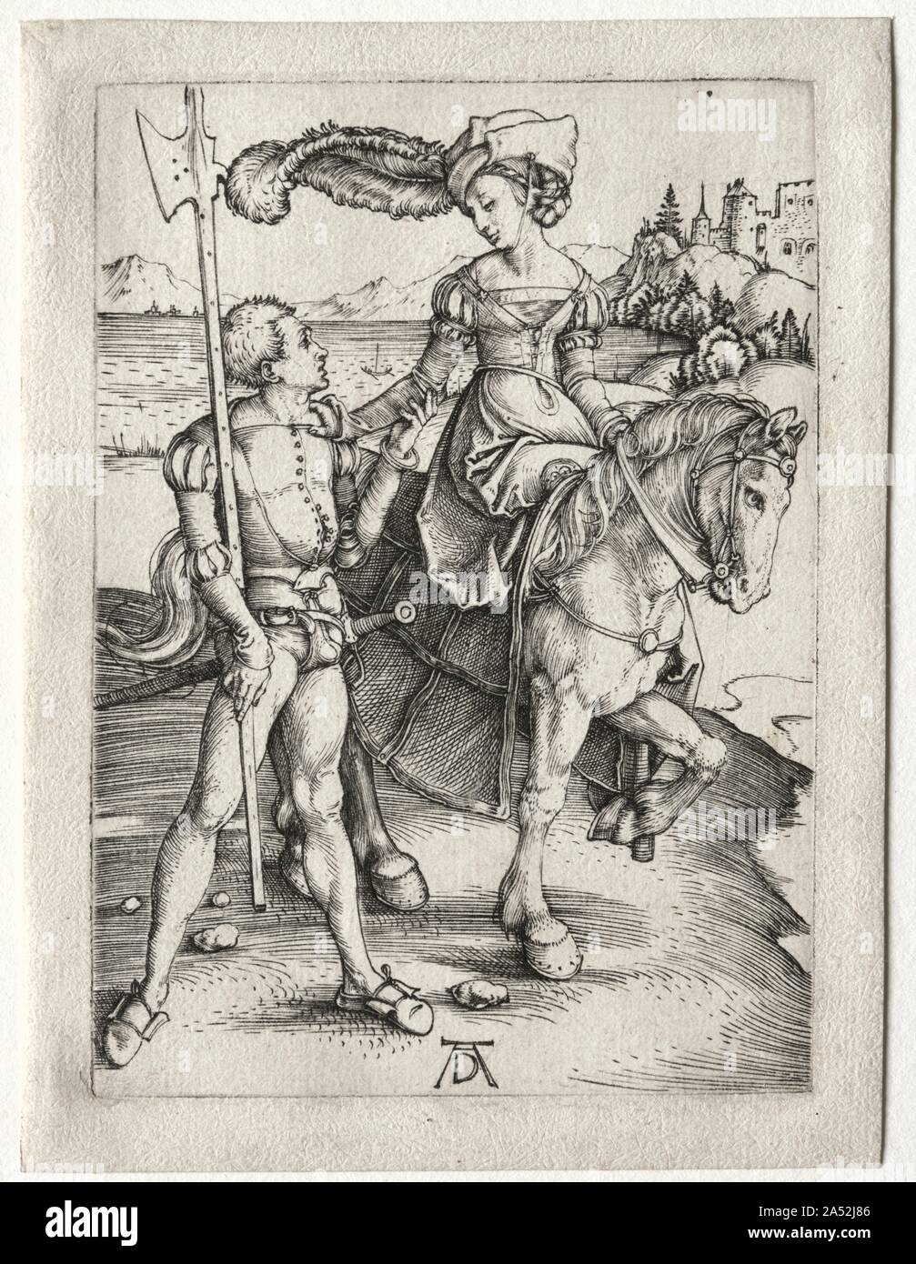 The Lady Riding and the Landsknecht, c. 1497. At first the subject of this early print appears to be simple courtly love; in it a noblewoman and infantryman share a private moment of farewell. However, a deeper reading of the image suggests underlying themes related to the power of women. Although the young man&#x2019;s stance and weaponry establish his masculinity, the woman&#x2019;s higher social status and physical position on horseback allude to her authority over him. Further, the hat she wears belongs to her lover&#x2019;s costume, not to contemporary women&#x2019;s fashion. Her appropri Stock Photo