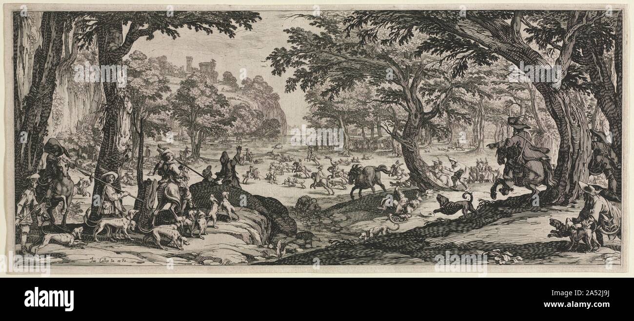 The Large Hunt, 1619. Jacques Callot (French, 1592-1635) The Large Hunt, 1619 Etching Gift of Margaret Crile Garretson in memory of Hiram Garretson 1970.342 Callot is known for two important inventions in etching. He designed a slanted, oval-shaped, steel-tipped etching tool called an &#xe9;choppe which is used to imitate the tapering and swelling lines of an engraving. He also developed a hard ground (an acid-resistant coating for etching plates), composed of mastic and linseed oil, that resisted chipping. Callot's work was significantly influenced by theater design. His organization of space Stock Photo