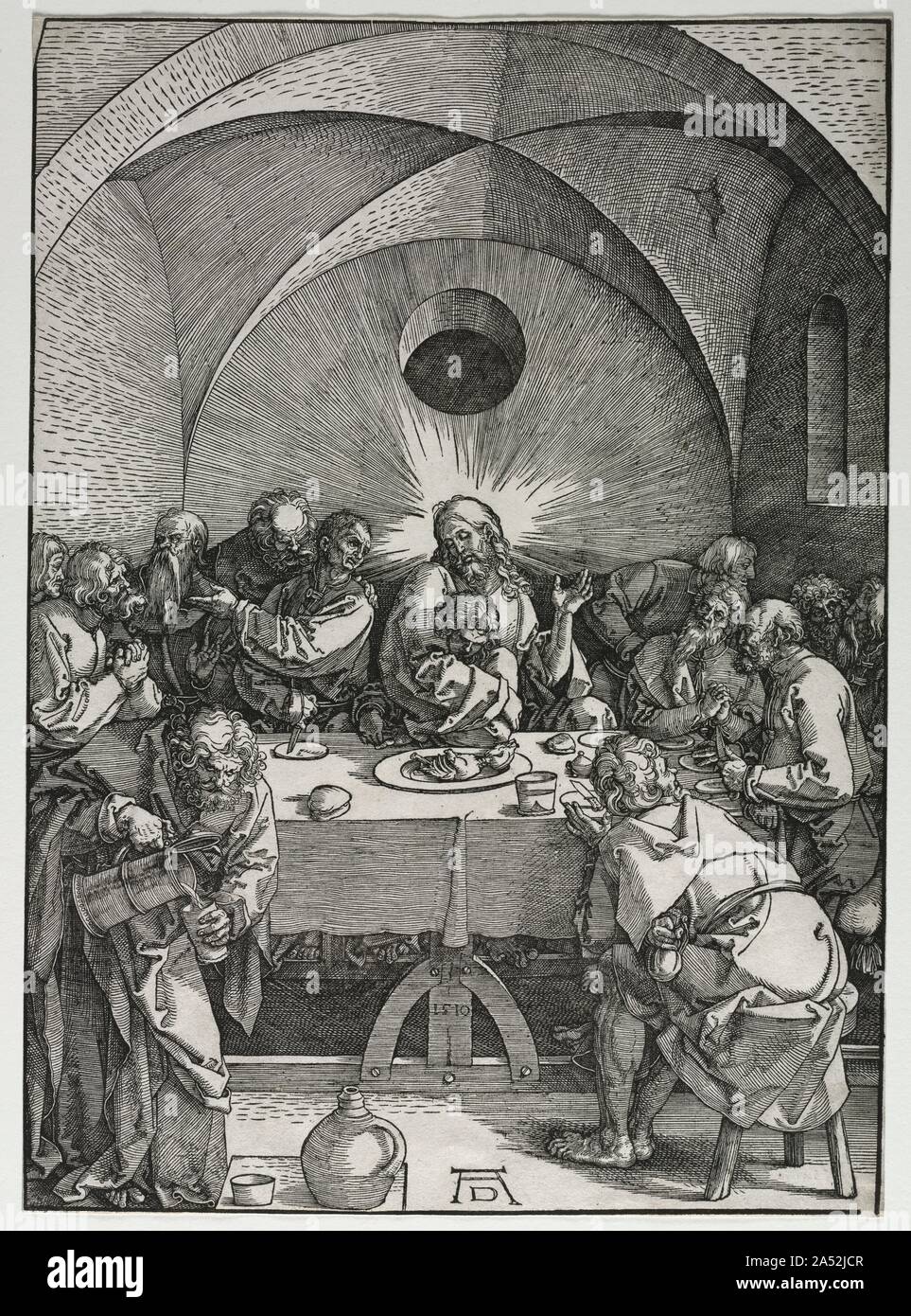 The Large Passion: The Last Supper, 1510. Two distinct styles are evident in the scenes of  The Large Passion  designed before 1500 and those made 10 years later, after D&#xfc;rer's second journey to Venice. While the effect of the early scenes relies on using line, those executed after 1500 depend on tonal contrasts. D&#xfc;rer expanded the number of tones from black and white to a range of grays by using parallel hatchings and by varying the widths of lines and the spaces between them. Areas of white paper seem more or less bright depending on the density of black around them&#x2014;compare Stock Photo