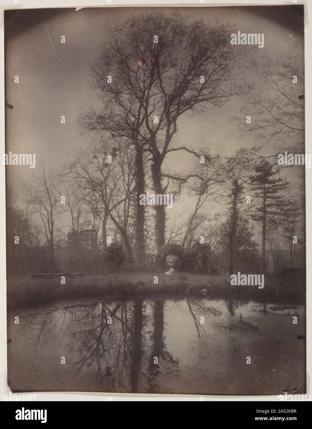 The Park at Sceaux [April 1925, 7a.m.], 1925. After the turn of the 20th century, Atget began to photograph many of the magnificent ch&#xe2;teaux and parks surrounding Paris. This photograph is from a series taken of the abandoned estate and garden at Sceaux in 1925 and is considered his rarest and finest. It records that fleeting moment when a tree's sculptural form and the beginning stubble of its spring foliage are both visible. Shooting directly into early morning light, Atget captured the stately trees casting long, shimmering reflections on the placid pond surface. By visually compressin Stock Photo