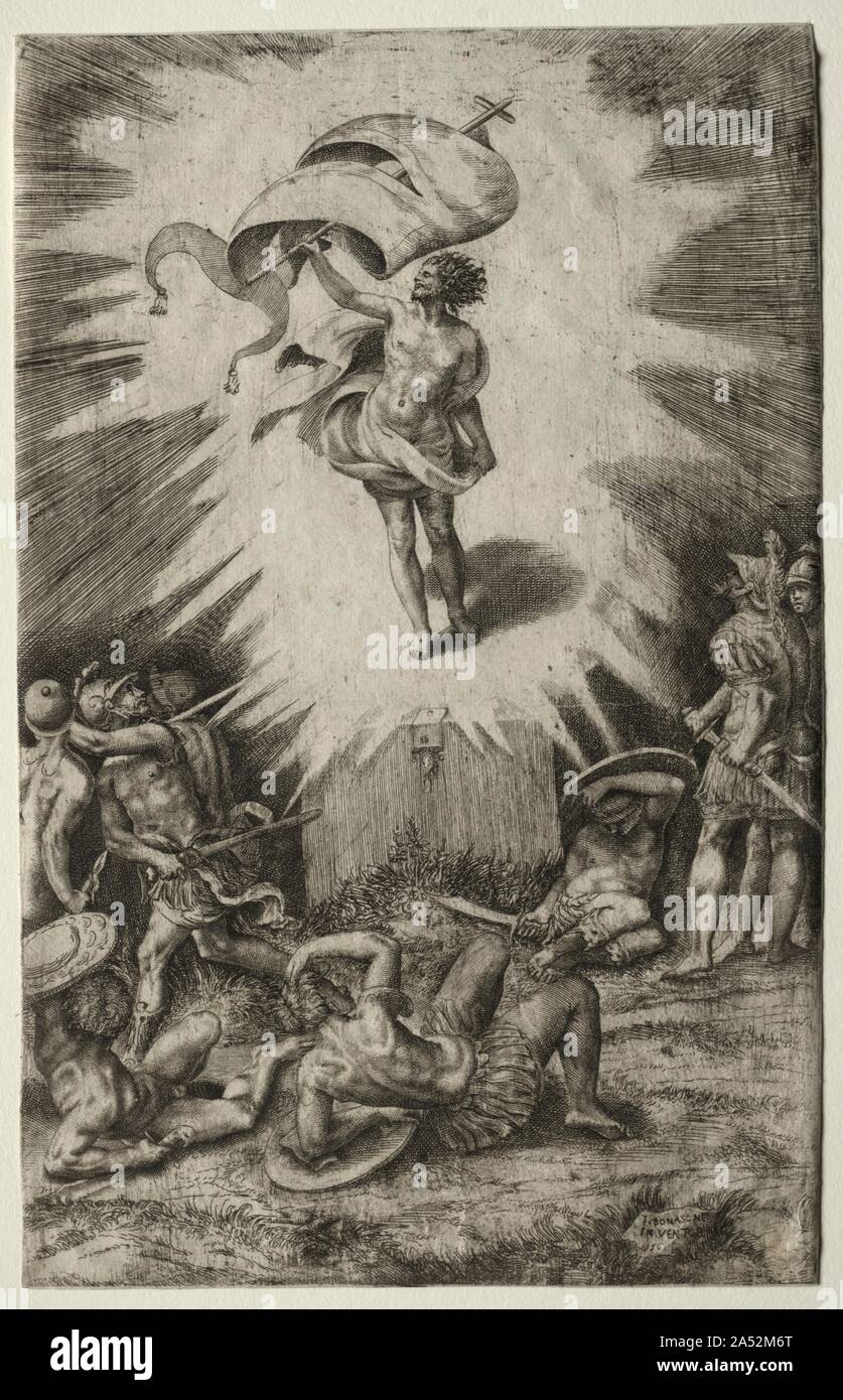 The Resurrection, 1561. Chiefly a reproductive printmaker, he made about 360 prints after the leading Italian artists of the period, including Parmigianino, Giulio Romano, and Titian. One of the few prints designed and executed by Bonasone, this is an exceptional work. Its innovative use of etching to achieve dramatic tonal effects probably results from Parmigianino's influence. Stock Photo