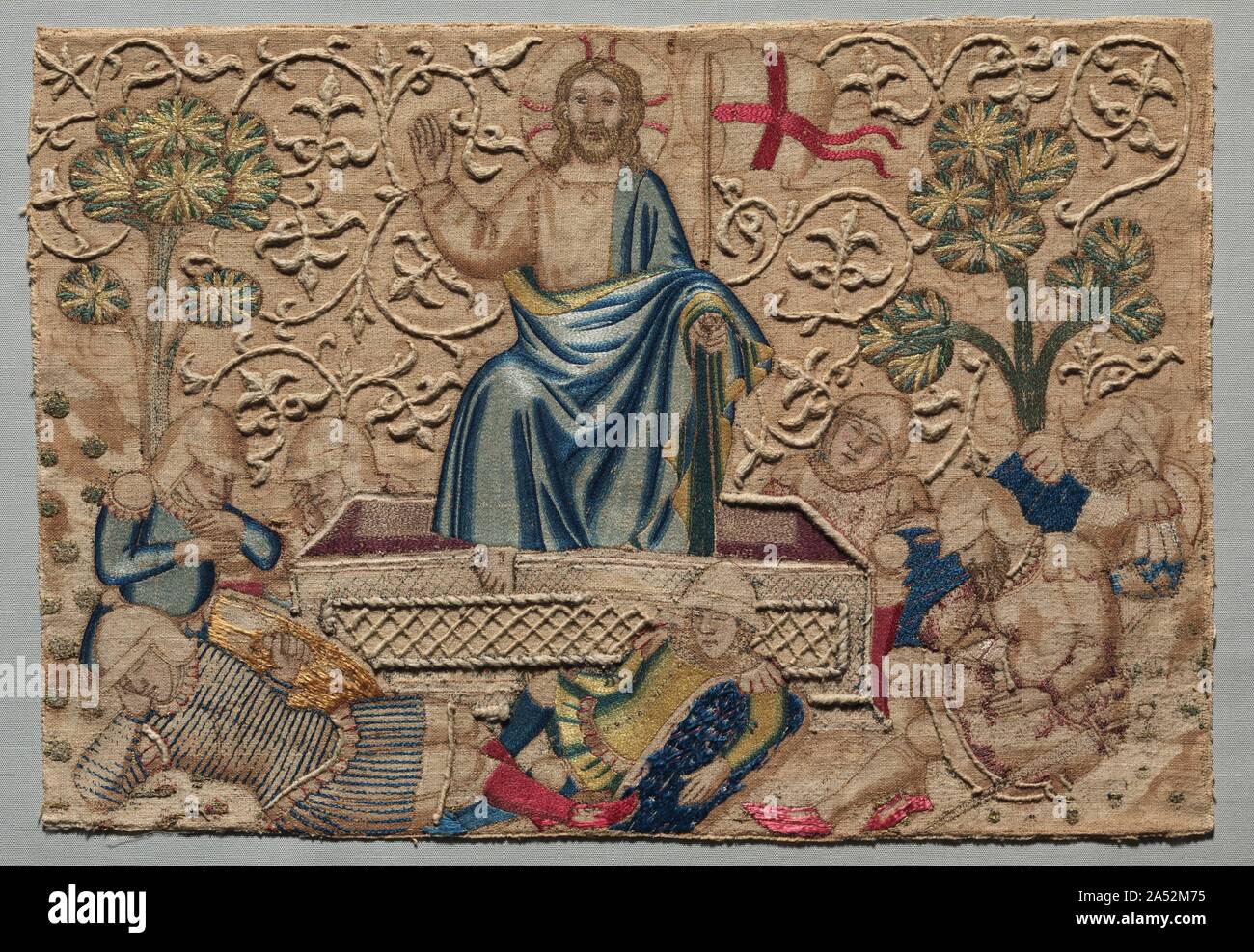 The Resurrection, from an Embroidered Altar Frontal: , 1375-1400. This scene of the Resurrection, along with 11 additional embroideries of the life of Christ, must have formed a spectacular altar frontal when the original expensive gold thread covered the background. Removed and probably melted down for its monetary value, gold thread covered the padded vines, which resembled raised plaster decoration, or gesso, used in paintings. The loss exposes a rarely seen preparatory drawing in sepia ink and wash by an unidentified painter. In addition to bits of gold thread, what does survive is of the Stock Photo