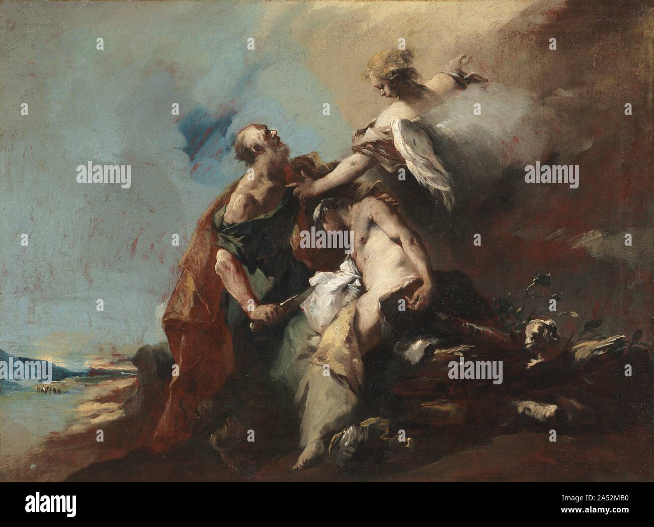 The Sacrifice of Isaac, Tobias and the Angel, The Angels Appearing to Abraham, Abraham Welcoming the Three Angels (painting series), 1750s. This series of paintings predominantly tells the Old Testament story of Abraham and Isaac, and each of the canvases treats the interaction of humans and angels. In three works, angels appear to Abraham and, in one particularly dramatic canvas, an angel intercepts Abraham before he sacrifices his own son. However, the narrative of Tobias and the Angel comes from an entirely different book of the Bible. The blind Tobit sends his son Tobias off to collect a s Stock Photo