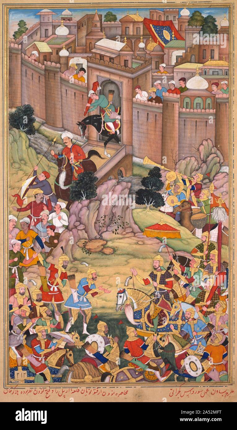 The siege of Arbela in the era of Hulagu Khan, from a Chingiz-nama (Book of Chingiz Khan) of the Jami al-tavarikh (Compendium of Chronicles) of Rashid al-Din (Persian,1247-1318), c. 1596. Akbar, the third Mughal emperor of India, commissioned an illustrated copy of the Chingiz-nama, a historical text written in Persian during the early 1300s by a Jewish scholar who converted to Islam. The Chingiz-nama is an account of the conquests of Akbar&#x2019;s ancestors, the Mongols, who swept across the Asian continent from Siberia to the Mediterranean Sea during the 1200s. This page describes the final Stock Photo