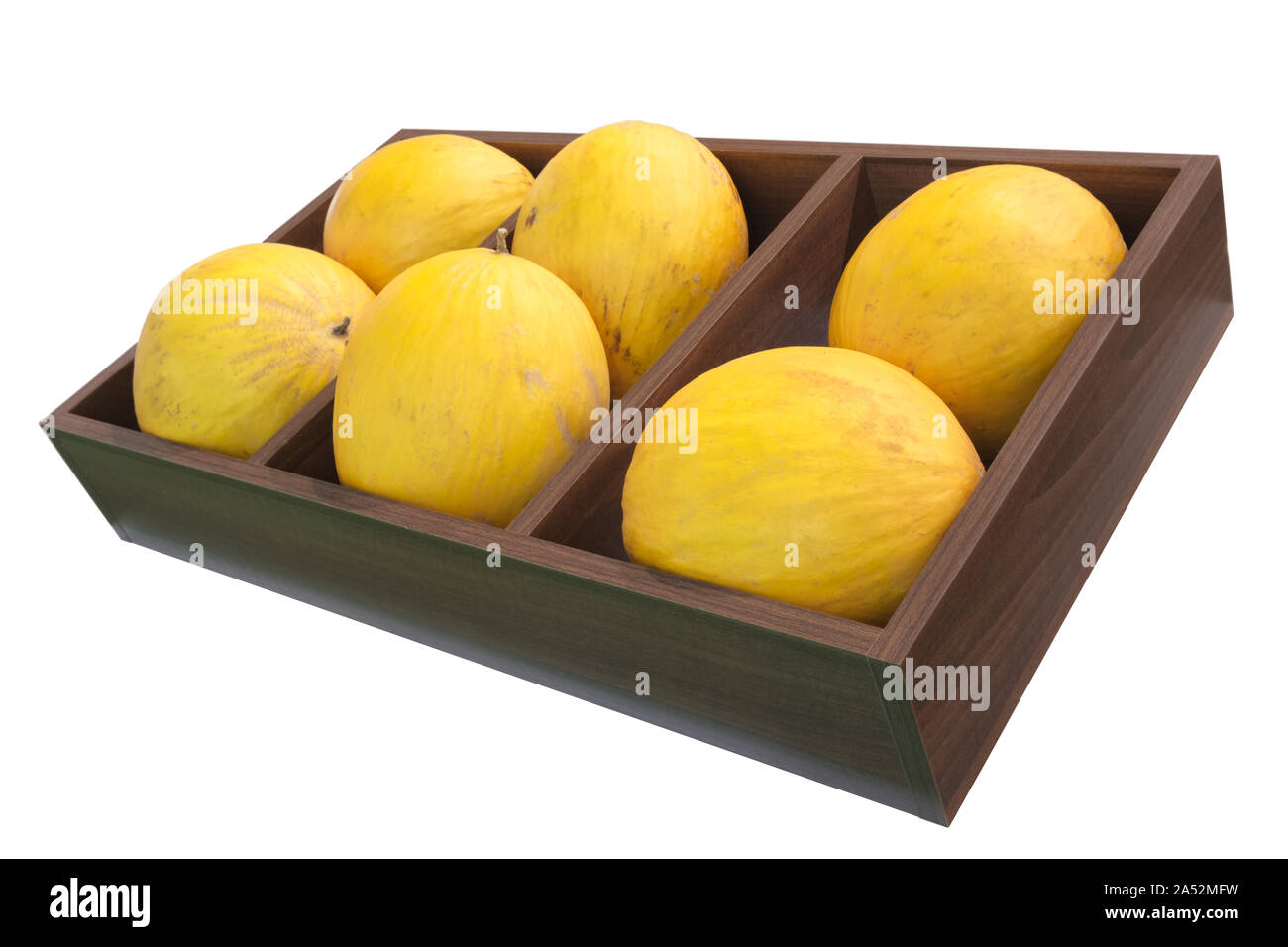 Yellow melons in wooden boxes,  Melons fruit close up, street market, on white Stock Photo