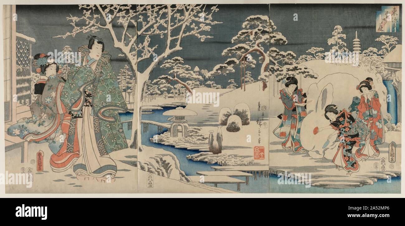 The Snowy Garden, 1854. These prints depict an episode from A Rustic Genji, a Japanese graphic novel based on the 11th-century classic The Tale of Genji. Three maidservants are making a giant snow rabbit while the protagonist of A Rustic Genji, Ashikaga Jiro Mitsuuji, stands in the snow with a woman who is possibly his lover. Stylistic hallmarks tell us that Utagawa Kunisada was responsible for the figures and the giant snow rabbit and Utagawa Hiroshige designed the background landscape. This collaboration&#x2014;both artists signed the prints&#x2014;on a Genji-related work targeted a broader Stock Photo