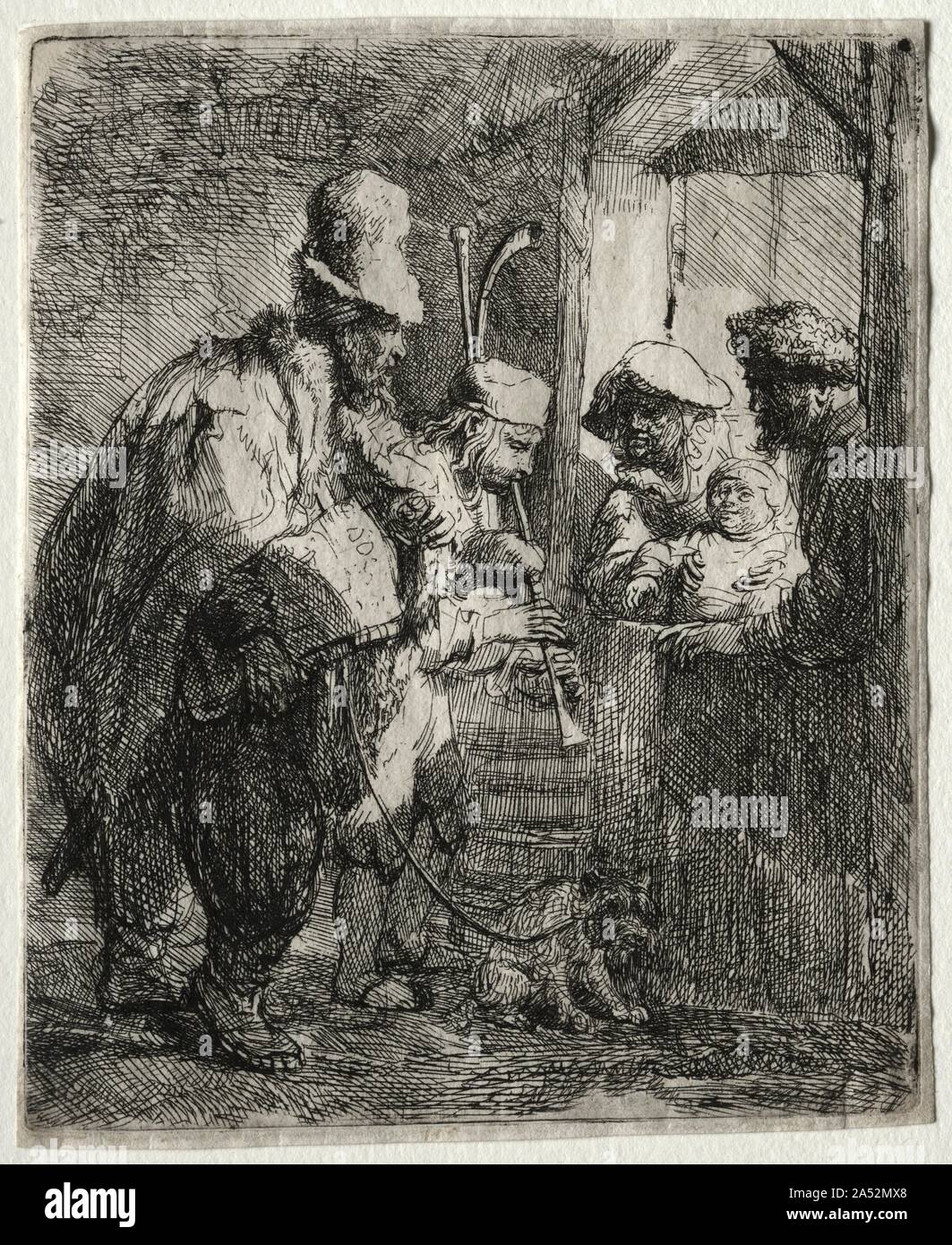 The Strolling Musicians, c. 1635. Although 17th-century Holland produced neither noteworthy composers nor renowned performers, rarely has another culture produced so many visual images of music as the Dutch. In this depiction of a pair of itinerant musicians wearily shuffling from door to door, Rembrandt reveals his compassionate understanding of human frailties. The hurdy-gurdy and bagpipes, as depicted here, were frequently associated with itinerant beggars and blind street singers in paintings and prints of the period. Stock Photo