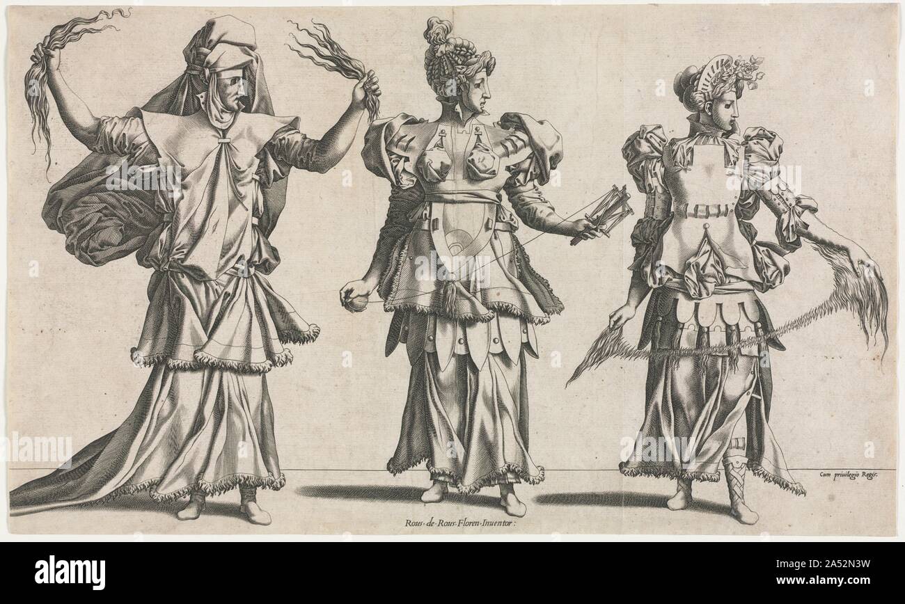 The Three Fates, Costume Designs, c. 1534. This engraving reproduces a trio of costume designs by Rosso Fiorentino. They were likely meant for a masquerade ball held at the court of King Francis I. Each figure represents one of the Three Fates, the female deities in Greek and Roman religion who controlled human destiny, often symbolized by cloth or thread&#x2014;to indicate the spinning of human life. Here we see them holding (from left to right) wool, thread, and flax. Pierre Milan made a number of prints after the designs of Rosso Fiorentino. However, unlike the etchers working at the chatea Stock Photo