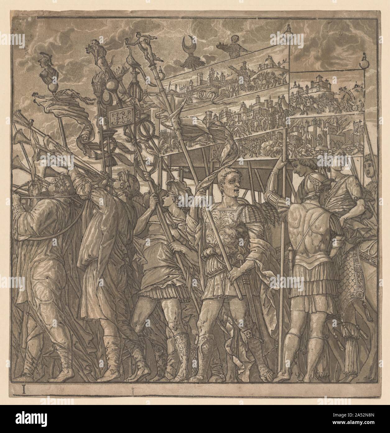The Triumph of Julius Caesar: Soldiers Carrying the Pictures of War, 1593-99. Commissioned by Duke Vincenzo Gonzaga, this series of chiaroscuro woodcuts reproduces Andrea Mantegna&#x2019;s  Triumph of Julius Caesar , painted a century earlier. The scenes imaginatively portray the triumphal procession of the renowned Roman general and consul Julius Caesar following his successful defeat of Gaul in 52 BC. Each section of the continuous frieze shows elements typical of these parades, sanctioned by the Roman Senate and described in ancient texts. The printed suite&#x2019;s frontispiece features a Stock Photo