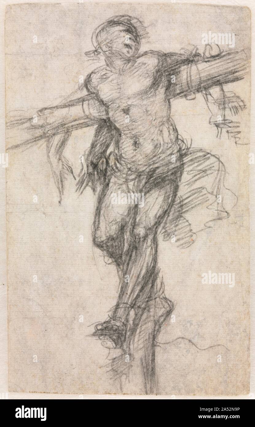 The Unrepentant Thief, c. 1530. Two thieves were crucified with Christ on Mount Golgotha. One, recognizing Christ's innocence, re-pented his sins, while the other reviled him. In paintings of the crucifixion, this unrepentant thief is depicted at Christ's left. The angle of the cross in this drawing indicates that it is the unrepentant thief who here struggles against the binding ropes. Sodoma was born and trained in Lombardy, but spent most of his life in Siena, where he dominated Sienese painting during the first half of the 16th century. Known for his emotionally charged paintings as well a Stock Photo