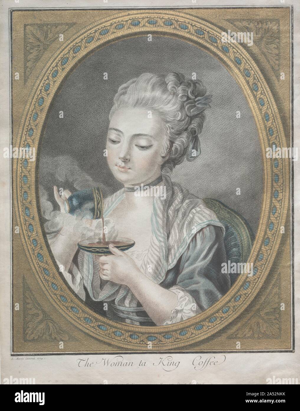 The Woman taking Coffee, 1774. In his quest to emulate fashionable drawings for display, Bonnet developed a method for printing gold frames. After preparing the paper with printed layers of lead white and a red adhesive compound called a mordant, Bonnet hand-applied gold leaf, on top of which he printed ornamental patterns. Because French regulations restricted the use of gold to certain artisans, like furniture builders, Bonnet disguised these prints as English imports. He sold them from a shop called  Au Magasin Anglois  (From the English Shop) and even advertised the fictional name &quot;Le Stock Photo