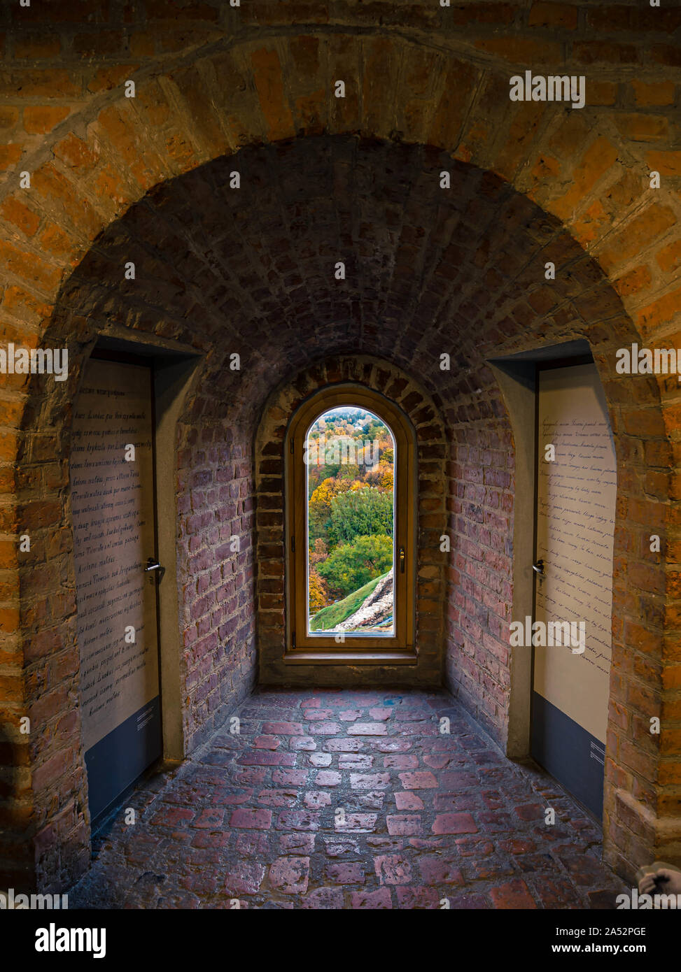 Window at the end of a corridor in historic Gediminas tower overseeing