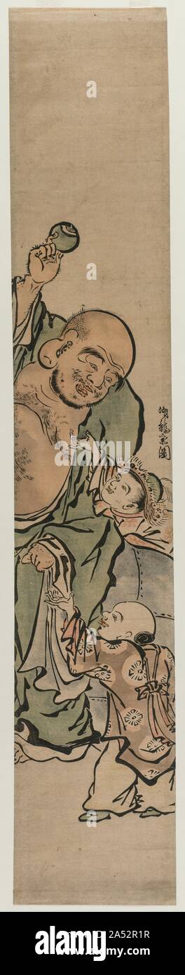 Two Children Begging Hotei for a Jewel, c. 1770s. Stock Photo