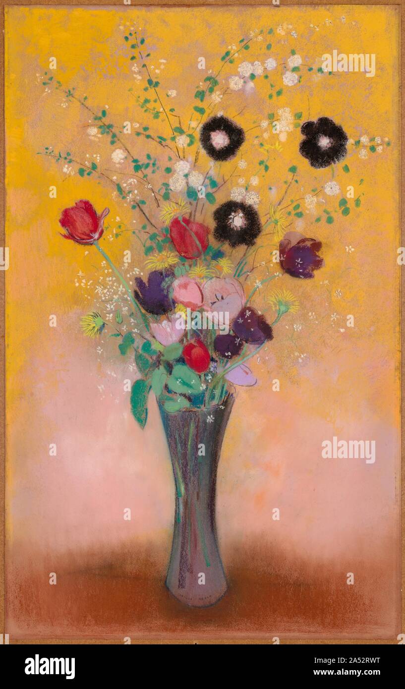 Vase of Flowers, 1916. Redon played a major role in the revival of pastel in France in the late 19th century. Though he had worked almost exclusively in black and white throughout his youth&#x2014;using charcoal and lithography&#x2014;the change to colour that he made around 1890 signified a shift from asceticism to sensuality. He wrote to his friend, the collector Adries Bonger, &quot;Pastel keeps me going, both materially and morally; it makes me feel young again.&quot; He began making still lifes in pastel as a way of mastering colour, but he found they ignited his imagination; he spoke of Stock Photo