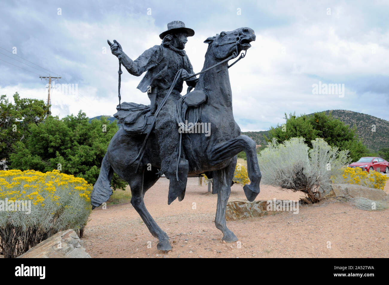 The sculpture entitled 'Journey's End' shows the arrival of a Santa Fe Caravan coming into Santa Fe. It was cast in bronze by Reynaldo 'Sonny'  Rivera. Stock Photo