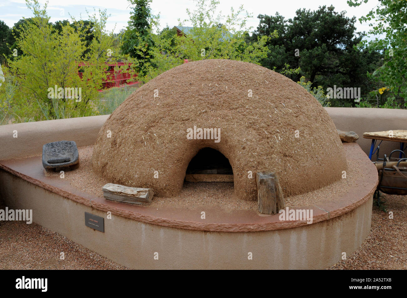 Native American ovens at Horno Plaza at the Santa Fe Botanical Gardens. The ovens are part of the crops and cooking demonstrations in the garden. Stock Photo