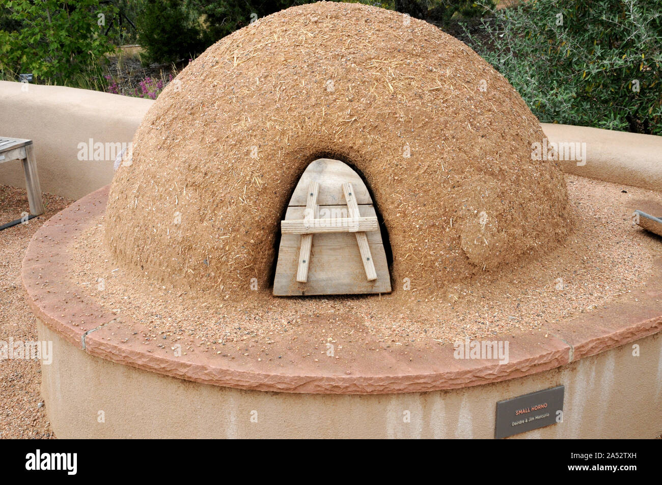 Native American ovens at Horno Plaza at the Santa Fe Botanical Gardens. The ovens are part of the crops and cooking demonstrations in the garden. Stock Photo