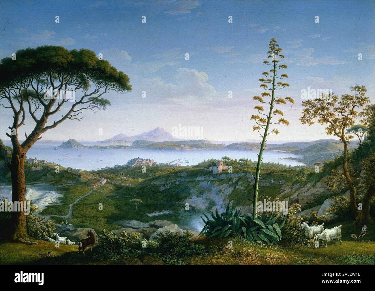View of the Gulf of Pozzuoli from Solfatara, 1803. Attracted to its dramatic vistas, volcanoes, exotic peasants, and classical ruins, landscape painters of the 1700s and 1800s flocked to the countryside around Naples. This view looks west toward the Gulf of Pozzuoli from just above the Solfatara, an area of volcanic steam vents. The ancient town of Pozzuoli, where the apostle Paul landed on his way to Rome, lies in the distance. Hackert's attention to detail and rendering of form with extreme lucidity is characteristic of German Romantic painting. Stock Photo