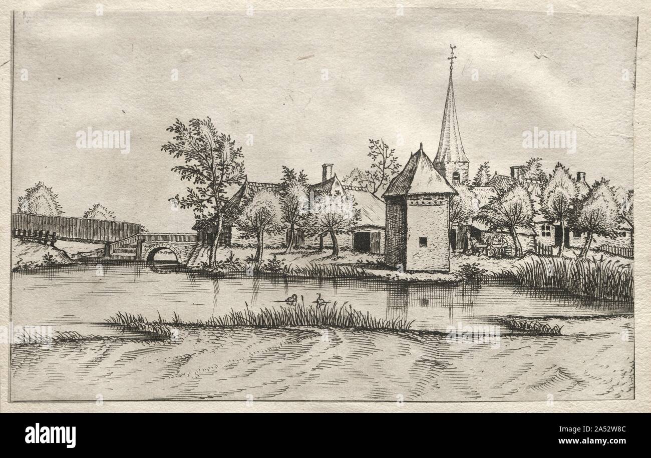 Views of Villages in Brabant and Campine: A Moated Village, c. 1561. Part of a second, larger series of 30 prints, this work illustrates a village scene around Brussels. The preliminary drawing is shown beside the print, which is reversed--a consequence of the printmaking process. While the engraver closely followed the composition of the drawing, the images are not exactly alike. The printmaker changed a number of details, such as removing the figure on the arched bridge and adding stairs leading to the water on the left. The most significant change, however, is the way the image was cropped- Stock Photo