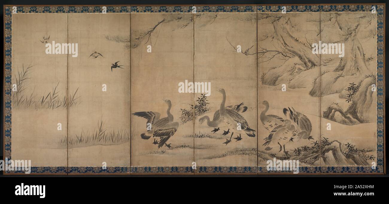 Wild Geese, late 1500s-early 1600s. Depictions of geese usually appear as ink paintings in Japan during the 1200s. They later show up in the colourful landscapes of illustrated handscrolls. Such early ink renditions of the birds have long been associated with classical Chinese Zen painting and poetry, which was avidly admired and collected in medieval Japan. In the screens on display, the artist portrayed the waterfowl in a pastoral setting without reference to classical or religious themes. Such ordinary subjects were imbued with special meaning in 14th- and 15th-century Japan through associa Stock Photo