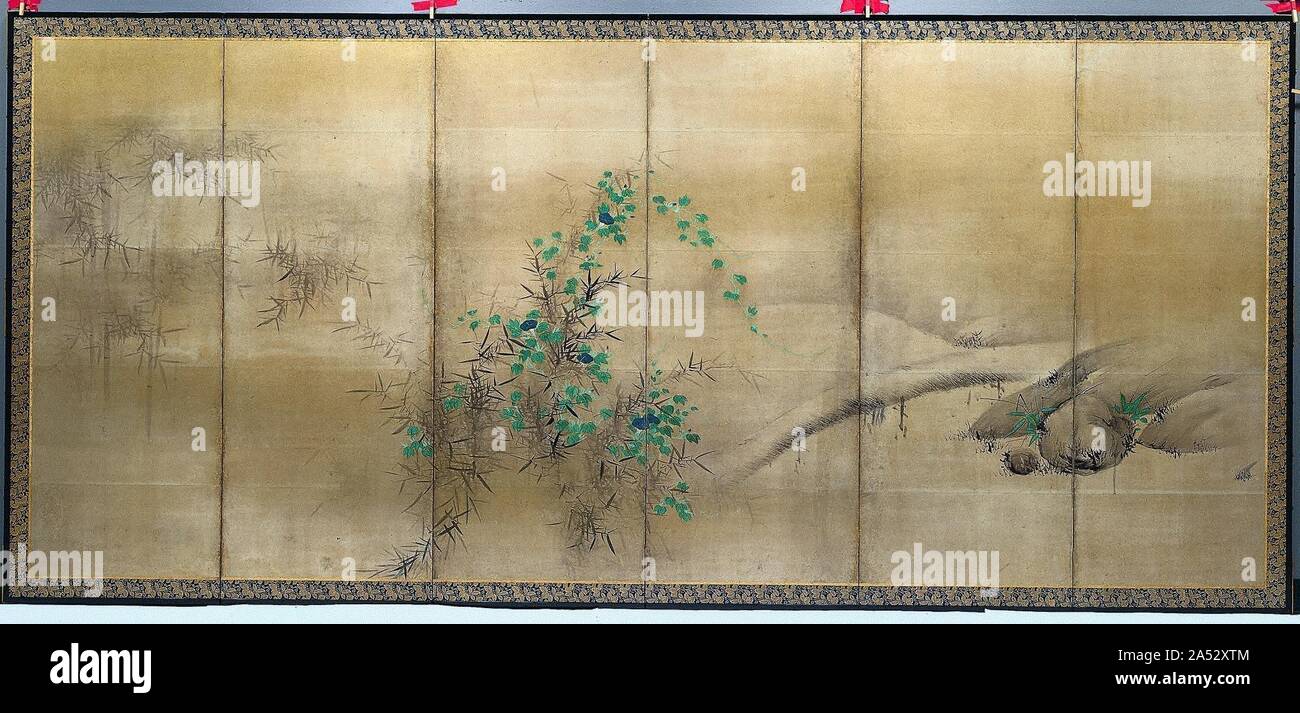 Winter and Summer Flowers, c. 1600. Kaiho Yusho is considered one of the three individualist master painters of the Momoyama era. He executed numerous byobu and fusama-e (sliding door panel paintings) for Kyoto's most prestigious Zen monasteries. These byobu are noteworthy for their joining of patently Chinese subject matter (the aged pine) with Japanese imagery (morning glory) and themes (the seasons and human travel) in one composition. Stock Photo
