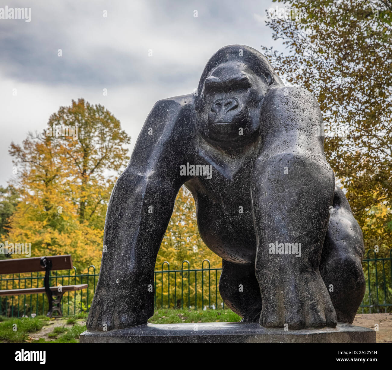 Statue of a gorilla at Crystal Palace Park in South London with trees ...