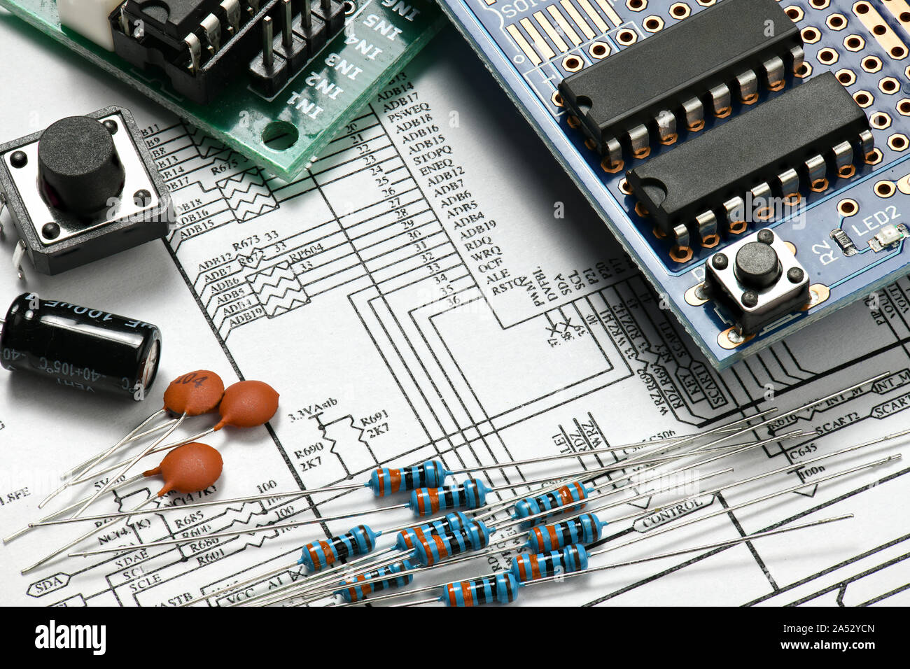 closeup of electronic components, printed circuit board, unit, part, circuit diagram, computer equipment and digital microchip - DIY kit for learning, Stock Photo