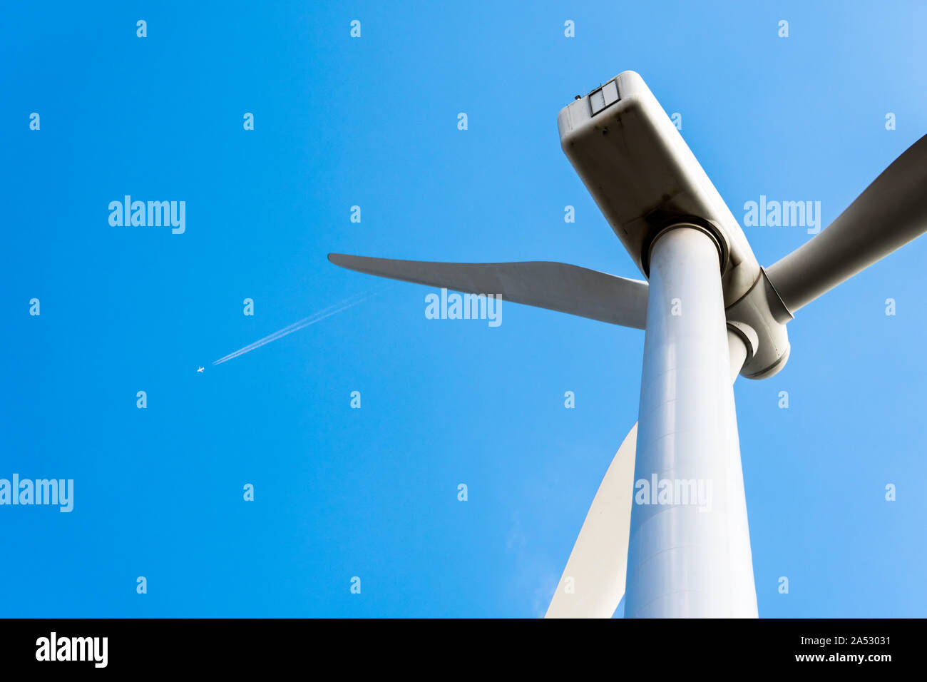 Windmills for the production of electrical energy. Wind farm of renewable, alternative and sustainable energy in Alta Anoia, Barcelona Stock Photo