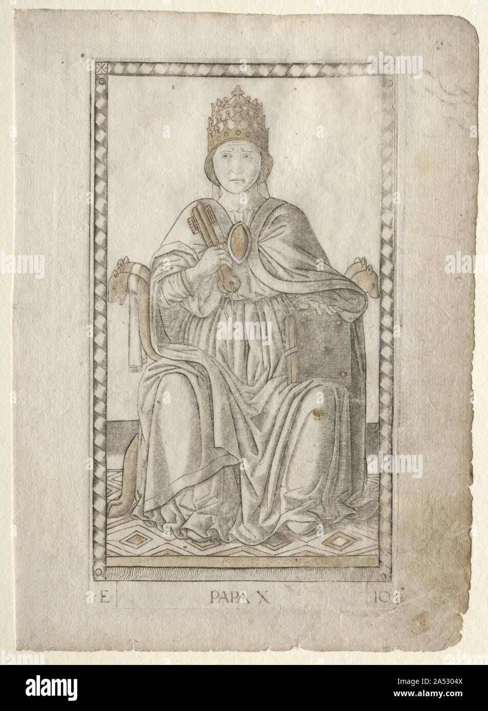 The Pope (from the Tarocchi, series E: Conditions of Man, #10), before 1467. While differing greatly from traditional Tarocchi or tarot cards, this set earned its misleading name because of a few, unimportant similarities. Never a game, scholars generally agree that this set was an educational tool, used to visually describe a fifteenth-century philosophical model of the universe. It was believed that the universe was a ladder-like structure that began with the beggar and rose through the ranks of man, the muses, the liberal arts, the virtues, and the planets, until it finally reached the pinn Stock Photo