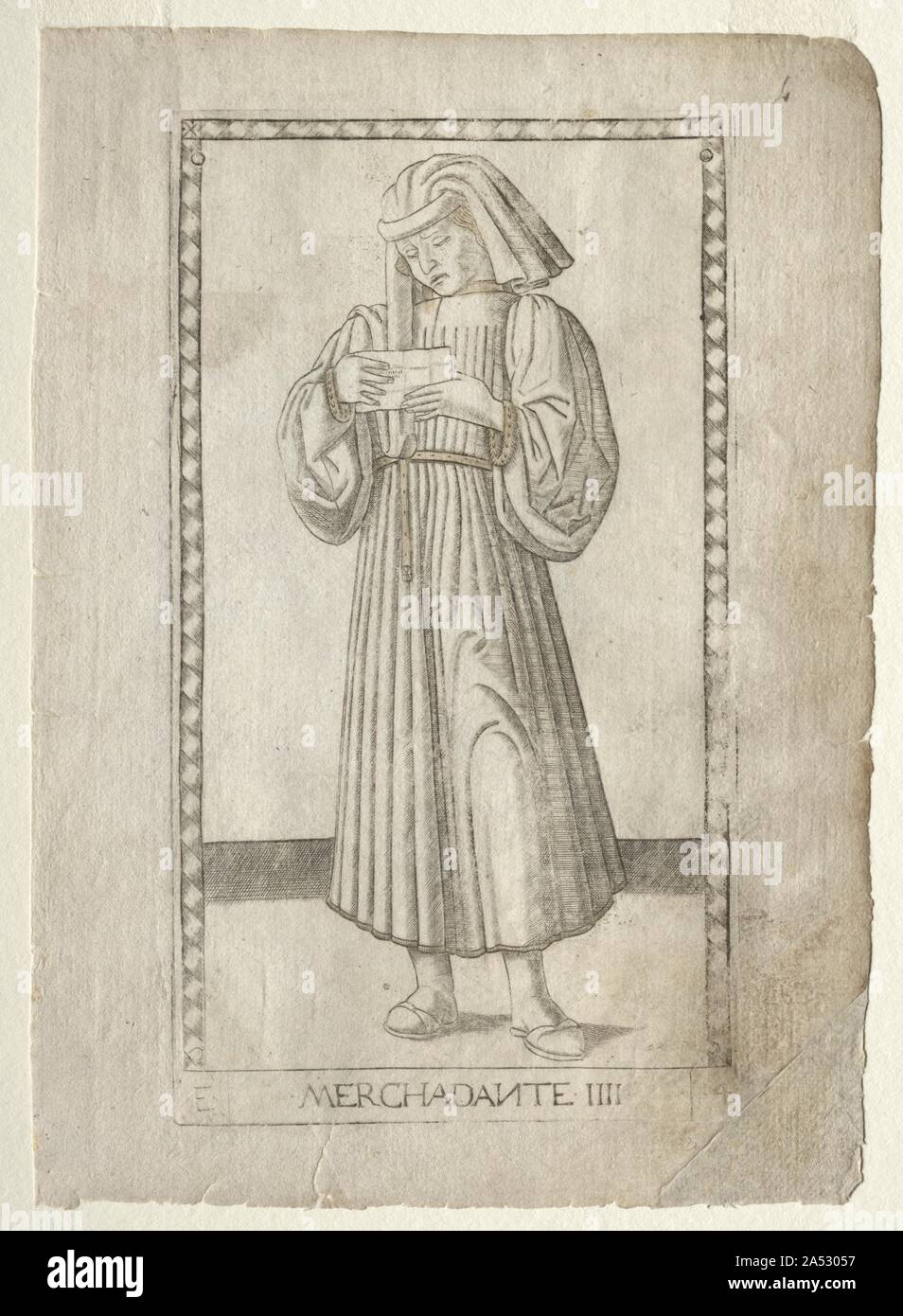 The Merchant (from the Tarocchi, series E: Conditions of Man, #4), before 1467. While differing greatly from traditional Tarocchi or tarot cards, this set earned its misleading name because of a few, unimportant similarities. Never a game, scholars generally agree that this set was an educational tool, used to visually describe a fifteenth-century philosophical model of the universe. It was believed that the universe was a ladder-like structure that began with the beggar and rose through the ranks of man, the muses, the liberal arts, the virtues, and the planets, until it finally reached the p Stock Photo