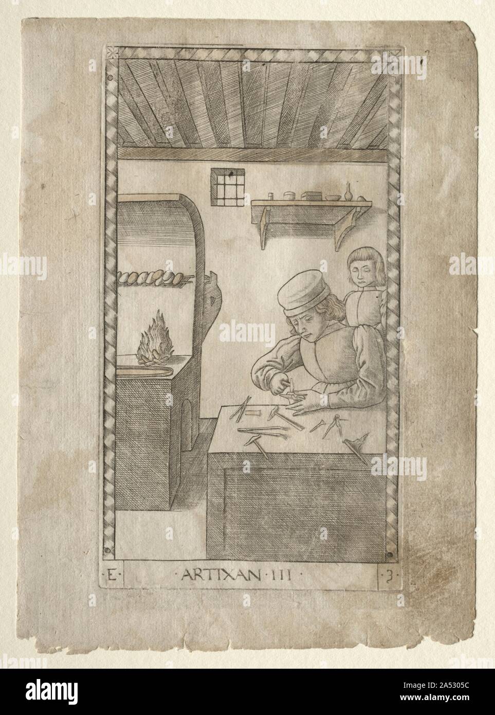 The Artisan (from the Tarocchi, series E: Conditions of Man, #3), before 1467. While differing greatly from traditional Tarocchi or tarot cards, this set earned its misleading name because of a few, unimportant similarities. Never a game, scholars generally agree that this set was an educational tool, used to visually describe a fifteenth-century philosophical model of the universe. It was believed that the universe was a ladder-like structure that began with the beggar and rose through the ranks of man, the muses, the liberal arts, the virtues, and the planets, until it finally reached the pi Stock Photo