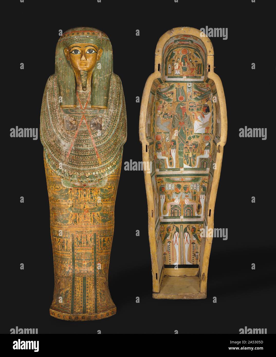 Coffin of Bakenmut, c. 1000-900 BC. The coffin of Bakenmut is one of the finest examples of painted wooden coffins made for the priests of Amen and their families at Thebes during Dynasty 21 and early Dynasty 22. The pharaohs of this time were no longer buried in the Valley of the Kings, but instead built tombs in the Delta, far to the north, where they resided. Security was lax in the Theban necropolis. The coffins and funerary goods of the wealthy citizens of Thebes were placed in unmarked and undecorated family tombs cut into the cliffs on the west bank of the Nile. All the care and detail Stock Photo