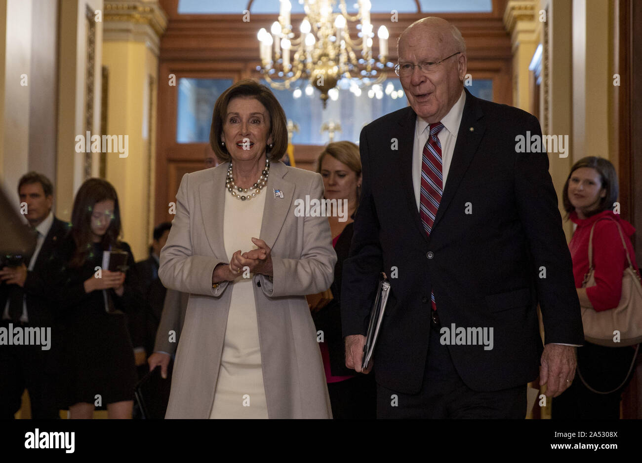 Washington, United States. 17th Oct, 2019. House Speaker Nancy Pelosi (D-CA) walks out with Senator Patrick Leahy (D-VT) before a meeting with Italian President Sergio Mattarella in advance of a Capitol Hill luncheon held in honor of Mattarella on Capitol Hill in Washington, DC on Friday October 4, 2019. Photo by Tasos Katopodis/UPI Credit: UPI/Alamy Live News Stock Photo
