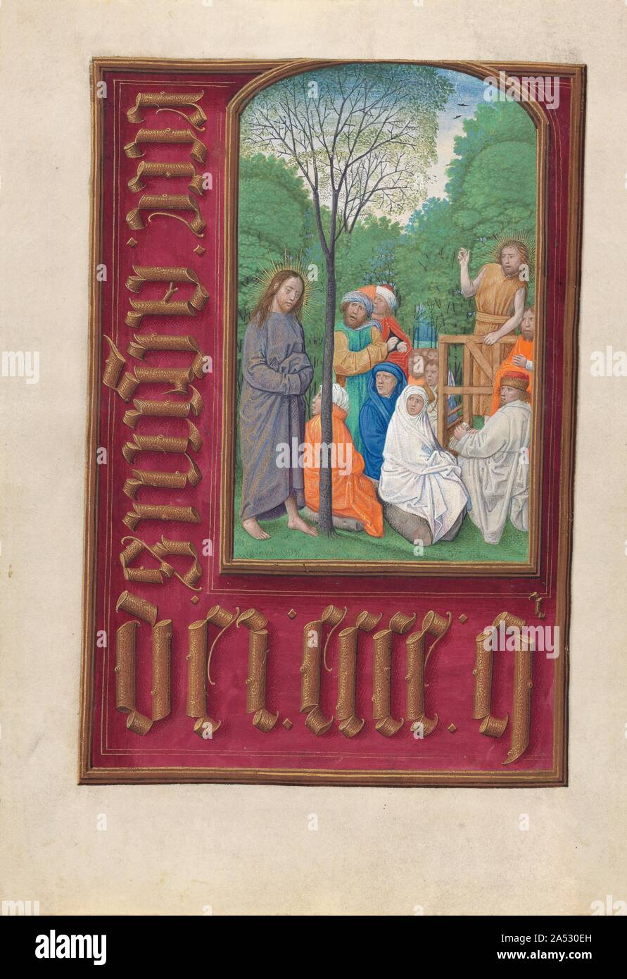 Hours of Queen Isabella the Catholic, Queen of Spain: Fol. 169v, St. John the Baptist Preaching, c. 1500. This manuscript was illuminated by a circle of at least five highly organized manuscript painters active in the Flemish cities of Ghent and Bruges. The principal illuminator was Alexander Bening, who painted the majority of the book's miniatures. Manuscripts produced by this circle of artists are renowned for the decoration of their borders, which typically feature a rich variety of realistically-painted flowers, birds, and butterflies. This prayer book, called a book of hours, was intende Stock Photo