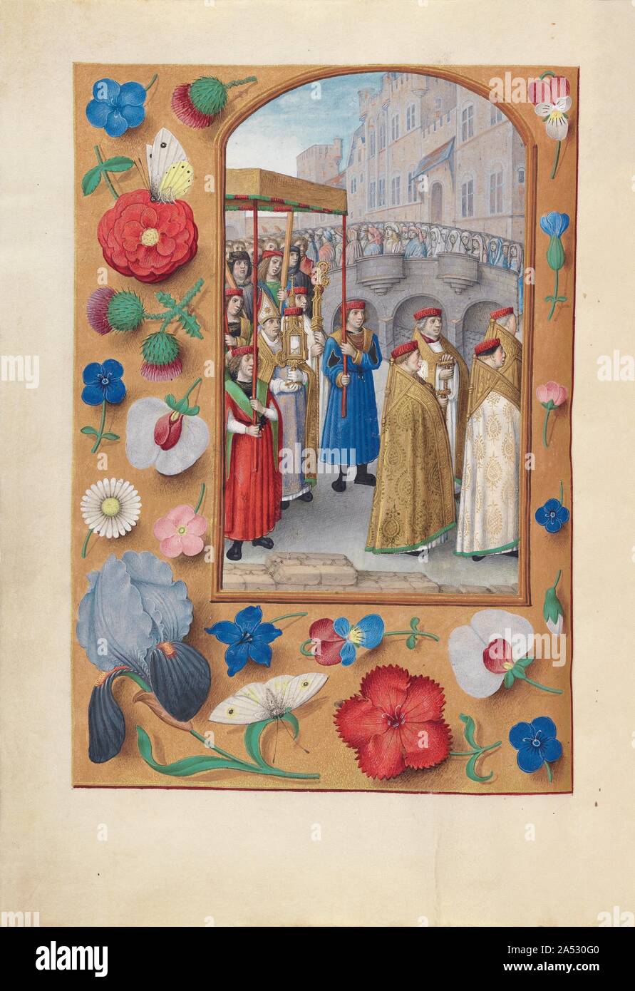Hours of Queen Isabella the Catholic, Queen of Spain: Fol. 43v, Procession of the Sacrament, c. 1500. This manuscript was illuminated by a circle of at least five highly organized manuscript painters active in the Flemish cities of Ghent and Bruges. The principal illuminator was Alexander Bening, who painted the majority of the book's miniatures. Manuscripts produced by this circle of artists are renowned for the decoration of their borders, which typically feature a rich variety of realistically-painted flowers, birds, and butterflies. This prayer book, called a book of hours, was intended no Stock Photo