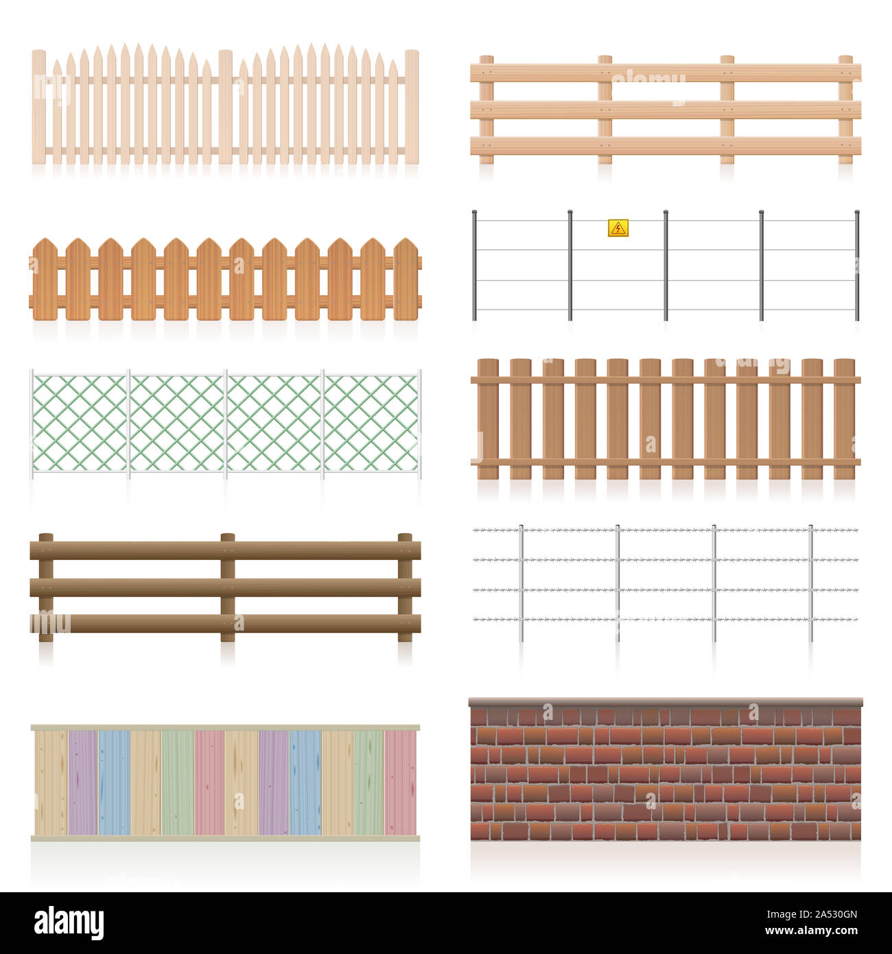 Different fences like wooden, garden, electric, picket, pasture, wire fence, wall, barbwire and other railings - illustration on white background. Stock Photo
