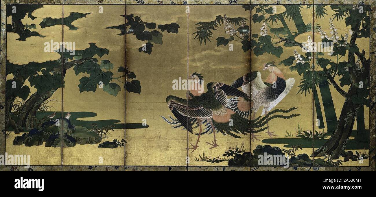 Phoenixes and Paulownia, late 1500s. The immense heraldic birds on display in these by&#xf8;bu reflect the Momoyama era's spirit of newly gained self-confidence and an affinity for grand expressive statements in painting, architecture, the textile and ceramic arts, as well as garden design. The setting is composed of highly stylized lozenges of mineral green paint, suggesting the earth from which clumps of grass, flowering plants, and towering bamboo and paulownia trees emerge. Clusters of lumpy, blue-green rocks dotted with lichen provide stabilizing three-dimensional foils for these islands Stock Photo
