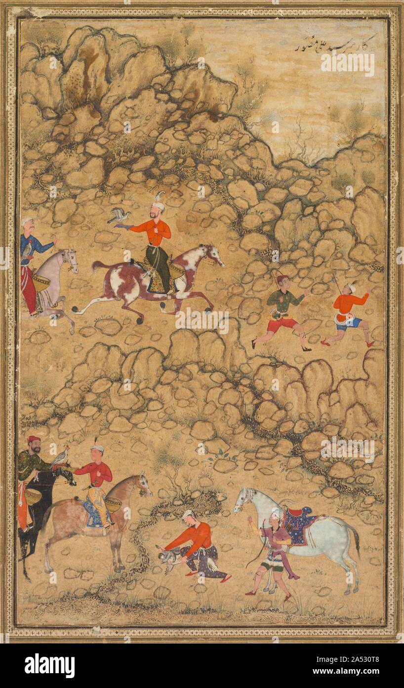 Hunting with falcons in a landscape; Verso: Calligraphy of Chaghatai Turkish poems in praise of wine, Sultan Muhammad Nur (Persian, c. 1472-1536) and Mirza Muhammad (probably Persian, active c. 1520s), c. 1558-60; borders added probably 1700s. The Mughals hunted on horseback with falcons. The hunting party would ride out into the wild and flush the prey. Then, its hood removed, the falcon would chase the prey and bring it down. From childhood Akbar loved hunting, and this painting may be a rare depiction of Akbar as a youth at the lower left, with the black feather in his white turban. The fal Stock Photo