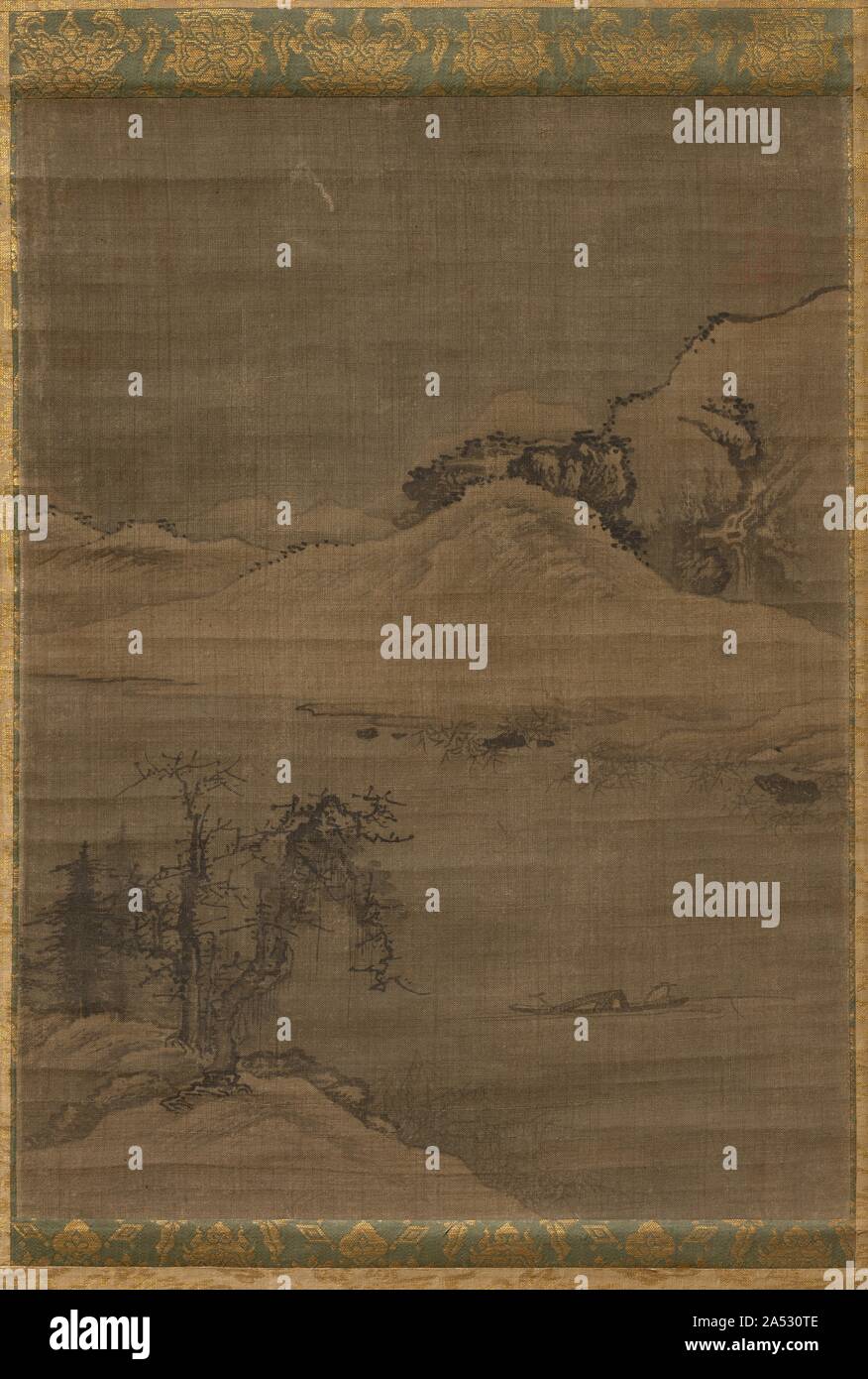 Landscape with Fishermen, 1600s. Surviving paintings of the early Choson period in Korea, while not numerous, provide modern viewers with a consistent ensemble of subject matter, painting formats, and stylistic approaches. Along with landscape painting, animal, bird, and flower paintings, a few portraits, grapes, bamboo, figural compositions, and kyehoe-do (commem-orative rites scenes) make up the basic repertoire of subjects. The late 15th- and 16th-century landscapes that have survived, however, are modest in format. Korean painters preferred to work in a restricted compositional arena.  The Stock Photo
