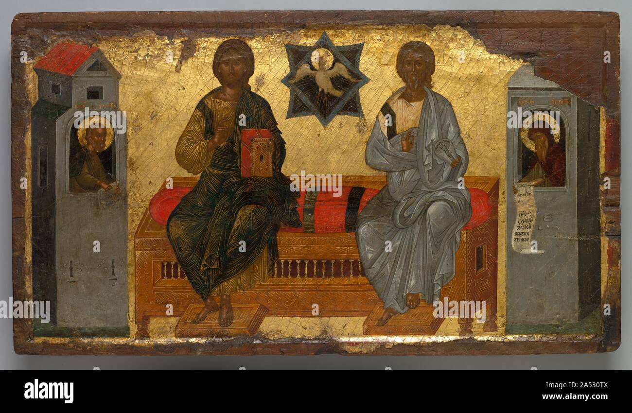 Icon of the New Testament Trinity, c. 1450. This icon depicts an important subject in Orthodox Christian art, the three corresponding figures of the single godhead known as the Holy Trinity. The Trinity is represented here in a composition known as the &quot;New Testament Trinity,&quot; which features Christ and God the Father seated on a bench with a dove representing the Holy Spirit between them. The central field is occupied by a large wooden throne with gold highlights on which Christ (left) and the Ancient of the Days (God the Father as Christ in old age) are seated. The Holy Spirit, in t Stock Photo