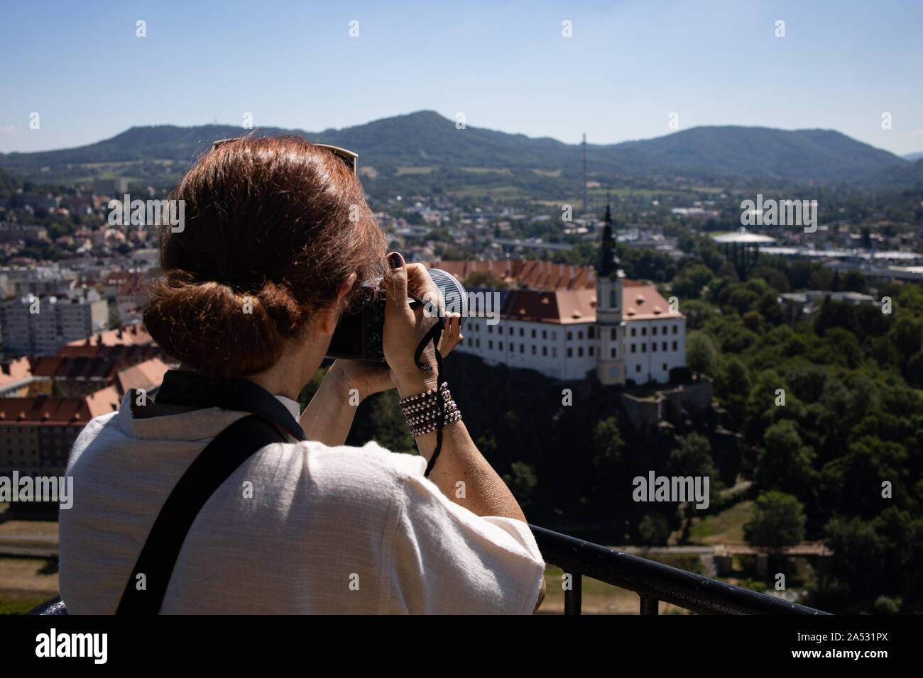 the artist photographs the castle in Decin in the Czech Republic Stock Photo