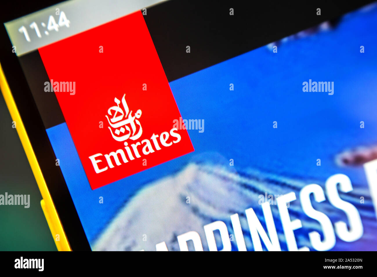 Berdyansk, Ukraine - April 2, 2019: Illustrative Editorial of Emirates website homepage. Emirates logo visible on the phone screen. Stock Photo