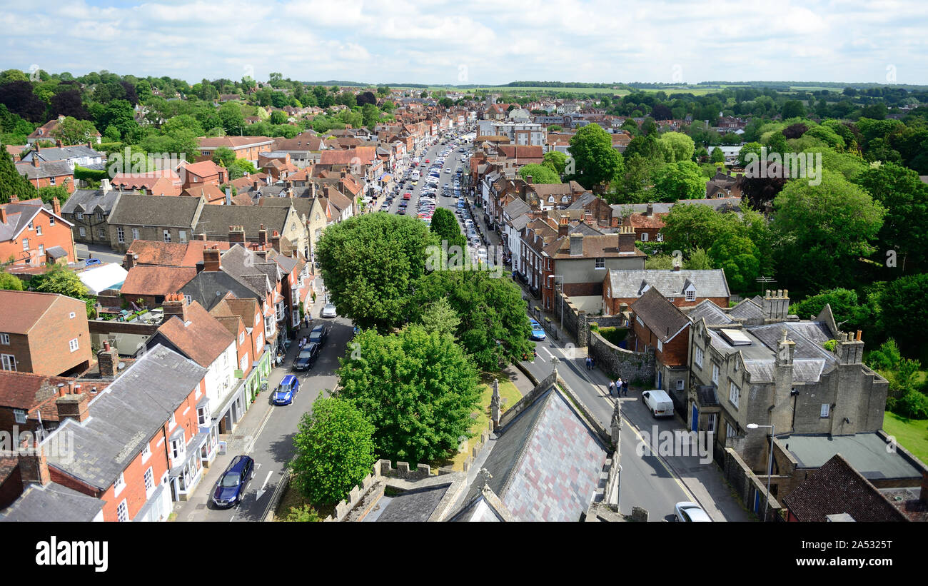 Rooftop view across the market town of Marlborough, Wiltshire, looking along the High Street from the tower of St Peter's church. Stock Photo