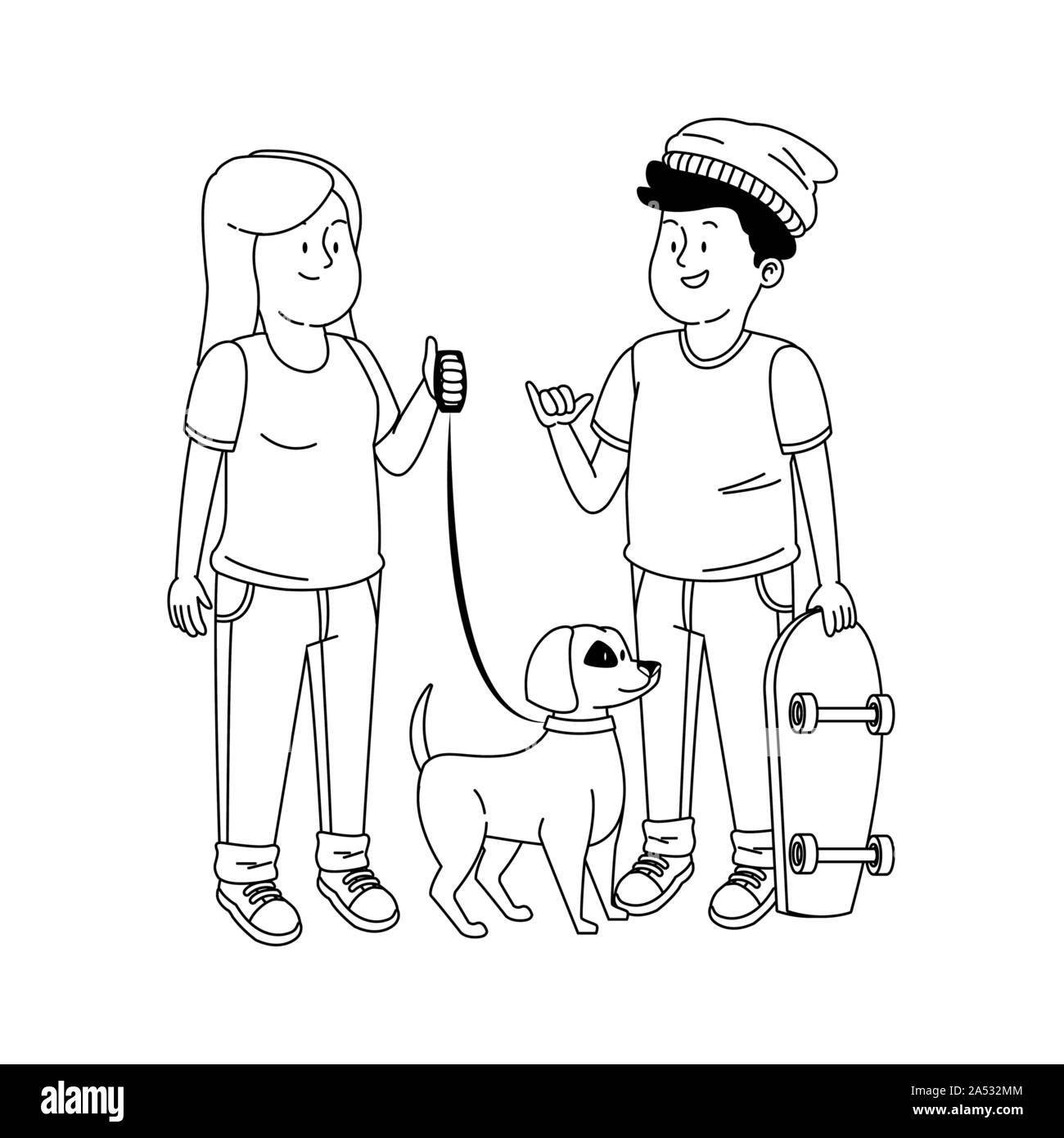 teen girl with a dog and teen boy with skateboard Stock Vector Image & Art  - Alamy